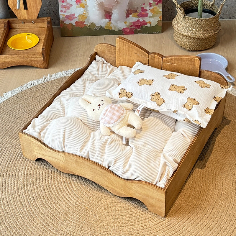 Solid Wood Pet Bed with Bow Design