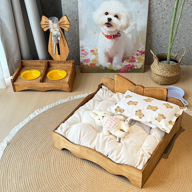 Solid Wood Pet Bed with Bow Design