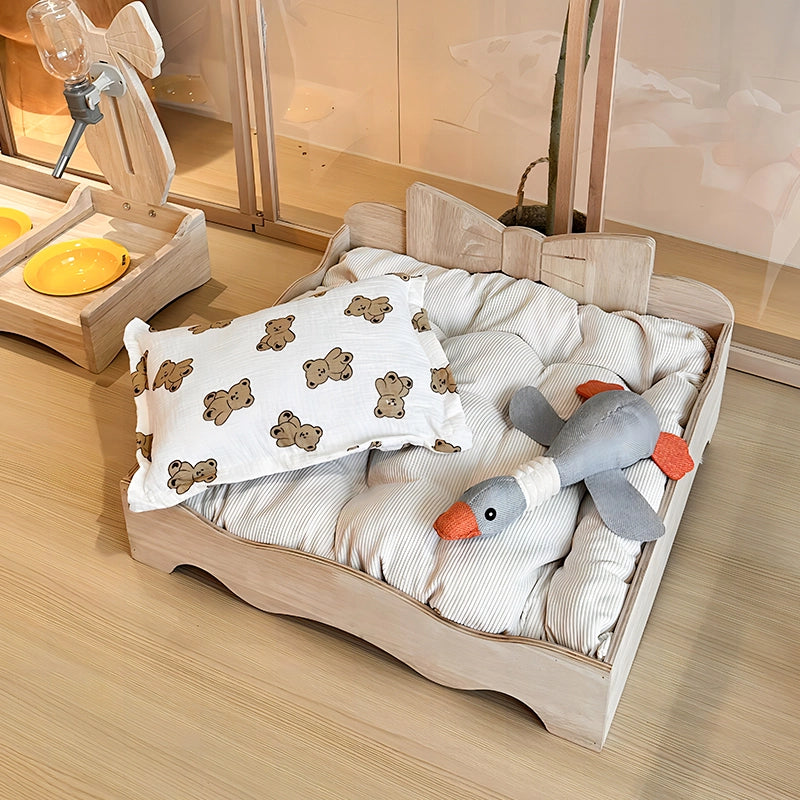 Solid Wood Pet Bed with Bow Design