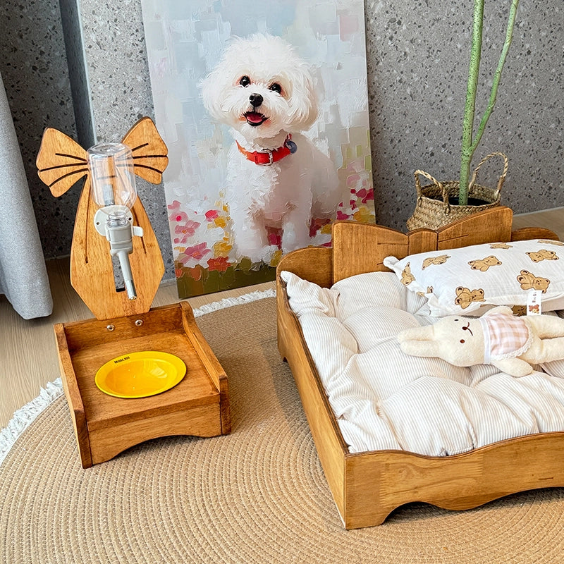 Solid Wood Pet Bed with Bow Design
